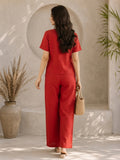 Women’s Solid Red Linen Co-Ord Set with V-Neck Top & Wide-Leg Pants