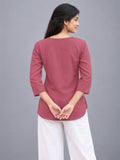 Women’s Dusty Rose Pure Cotton Floral Printed 3/4 Sleeve Kurti with Front Button Detail