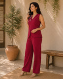 Women’s Red Linen Co-Ord Set with Sleeveless V-Neck Top & Wide-Leg Pants