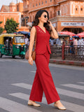Women’s Red Cotton Linen Co-Ord Set with Floral Embroidered Sleeveless V-Neck Top and Wide-Leg Trousers