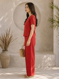Women’s Solid Red Linen Co-Ord Set with V-Neck Top & Wide-Leg Pants