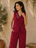 Women’s Red Linen Co-Ord Set with Sleeveless V-Neck Top & Wide-Leg Pants