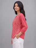 Women’s Pinkish Red Pure Cotton Floral Printed Kurti Top with 3/4 Sleeves