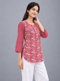 Women’s Dusty Rose Pure Cotton Floral Printed 3/4 Sleeve Kurti with Front Button Detail