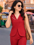 Women’s Red Cotton Linen Co-Ord Set with Floral Embroidered Sleeveless V-Neck Top and Wide-Leg Trousers