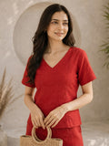 Women’s Solid Red Linen Co-Ord Set with V-Neck Top & Wide-Leg Pants