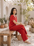 Women’s Solid Red Linen Co-Ord Set with V-Neck Top & Wide-Leg Pants