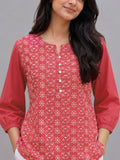 Women’s Pinkish Red Pure Cotton Floral Printed Kurti Top with 3/4 Sleeves
