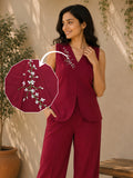 Women’s Red Linen Co-Ord Set with Sleeveless V-Neck Top & Wide-Leg Pants