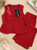 Women’s Red Cotton Linen Co-Ord Set with Floral Embroidered Sleeveless V-Neck Top and Wide-Leg Trousers