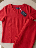 Women’s Solid Red Linen Co-Ord Set with V-Neck Top & Wide-Leg Pants