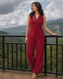 Women’s Red Linen Co-Ord Set with Sleeveless V-Neck Top & Wide-Leg Pants