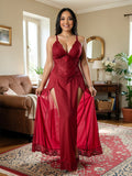 Women’s Lace Mesh Babydoll Nightdress with Side Slit Lingerie Gown