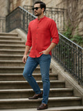 Men's White Self-Design Pure Cotton Straight Kurta | Mandarin Collar | Full Sleev