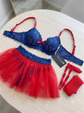 Women’s Blue Lace Lingerie Set with Red Sheer Garter Skirt and Matching Thong ( RDB58 )