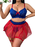 Women’s Blue Lace Lingerie Set with Red Sheer Garter Skirt and Matching Thong ( RDB58 )