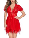 Women’s  Sheer Babydoll Nightdress with Lace Bodice and Puff Sleeves