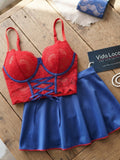 Women’s Lace Corset Lingerie Set with Skater Skirt and Bow-Detail Stockings