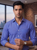 Men’s Pure Cotton Royal Blue Striped Formal Shirt – Regular fit, Full Sleeves