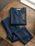 Women's Two Piece Set, Royal Blue, V-Neck Top with Wide Leg Trousers, Short Sleeve