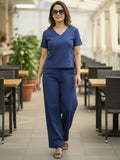 Women's Two Piece Set, Royal Blue, V-Neck Top with Wide Leg Trousers, Short Sleeve