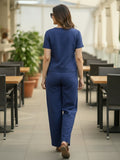 Women's Two Piece Set, Royal Blue, V-Neck Top with Wide Leg Trousers, Short Sleeve