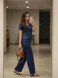 Women's Two Piece Set, Royal Blue, V-Neck Top with Wide Leg Trousers, Short Sleeve