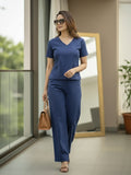 Women's Two Piece Set, Royal Blue, V-Neck Top with Wide Leg Trousers, Short Sleeve
