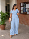 Women’s Sky Blue Cotton Linen Co-Ord Set with V-Neck Short Sleeve Top and Wide-Leg Trousers
