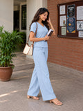 Women’s Sky Blue Cotton Linen Co-Ord Set with V-Neck Short Sleeve Top and Wide-Leg Trousers