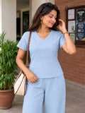 Women’s Sky Blue Cotton Linen Co-Ord Set with V-Neck Short Sleeve Top and Wide-Leg Trousers