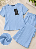 Women’s Sky Blue Cotton Linen Co-Ord Set with V-Neck Short Sleeve Top and Wide-Leg Trousers