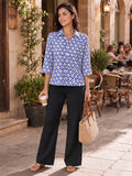Women’s Pure Cotton Blue Printed Shirt Top | 3/4 Sleeve Collared Casual Tunic | Comfortable Regular Fit