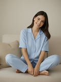 Women’s Sky Blue Linen Co-Ord Lounge Set with Relaxed Fit Shirt & Pants