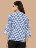 Women’s Pure Cotton Blue Printed Shirt Top | 3/4 Sleeve Collared Casual Tunic | Comfortable Regular Fit