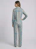 Women's Two Piece Set, Baby Sky Blue, Shirts with Wide Leg Trousers, Full Sleeve