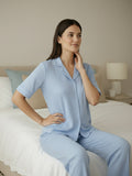 Women’s Sky Blue Linen Co-Ord Lounge Set with Relaxed Fit Shirt & Pants