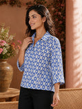 Women’s Pure Cotton Blue Printed Shirt Top | 3/4 Sleeve Collared Casual Tunic | Comfortable Regular Fit