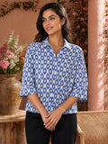 Women’s Pure Cotton Blue Printed Shirt Top | 3/4 Sleeve Collared Casual Tunic | Comfortable Regular Fit