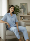Women’s Sky Blue Linen Co-Ord Lounge Set with Relaxed Fit Shirt & Pants