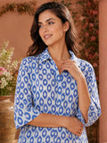 Women’s Pure Cotton Blue Printed Shirt Top | 3/4 Sleeve Collared Casual Tunic | Comfortable Regular Fit