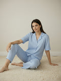 Women’s Sky Blue Linen Co-Ord Lounge Set with Relaxed Fit Shirt & Pants