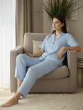 Women’s Sky Blue Linen Co-Ord Lounge Set with Relaxed Fit Shirt & Pants