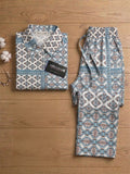 Women's Two Piece Set, Baby Sky Blue, Shirts with Wide Leg Trousers, Full Sleeve