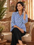 Women’s Pure Cotton Blue Printed Shirt Top | 3/4 Sleeve Collared Casual Tunic | Comfortable Regular Fit