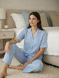 Women’s Sky Blue Linen Co-Ord Lounge Set with Relaxed Fit Shirt & Pants