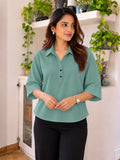 Women’s teal Blue Viscose Shirt Style Top | Collared Neck Full Sleeve Relaxed Fit Tunic | Elegant Casual Wear