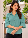 Women’s teal Blue Viscose Shirt Style Top | Collared Neck Full Sleeve Relaxed Fit Tunic | Elegant Casual Wear