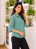 Women’s teal Blue Viscose Shirt Style Top | Collared Neck Full Sleeve Relaxed Fit Tunic | Elegant Casual Wear