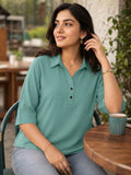 Women’s teal Blue Viscose Shirt Style Top | Collared Neck Full Sleeve Relaxed Fit Tunic | Elegant Casual Wear